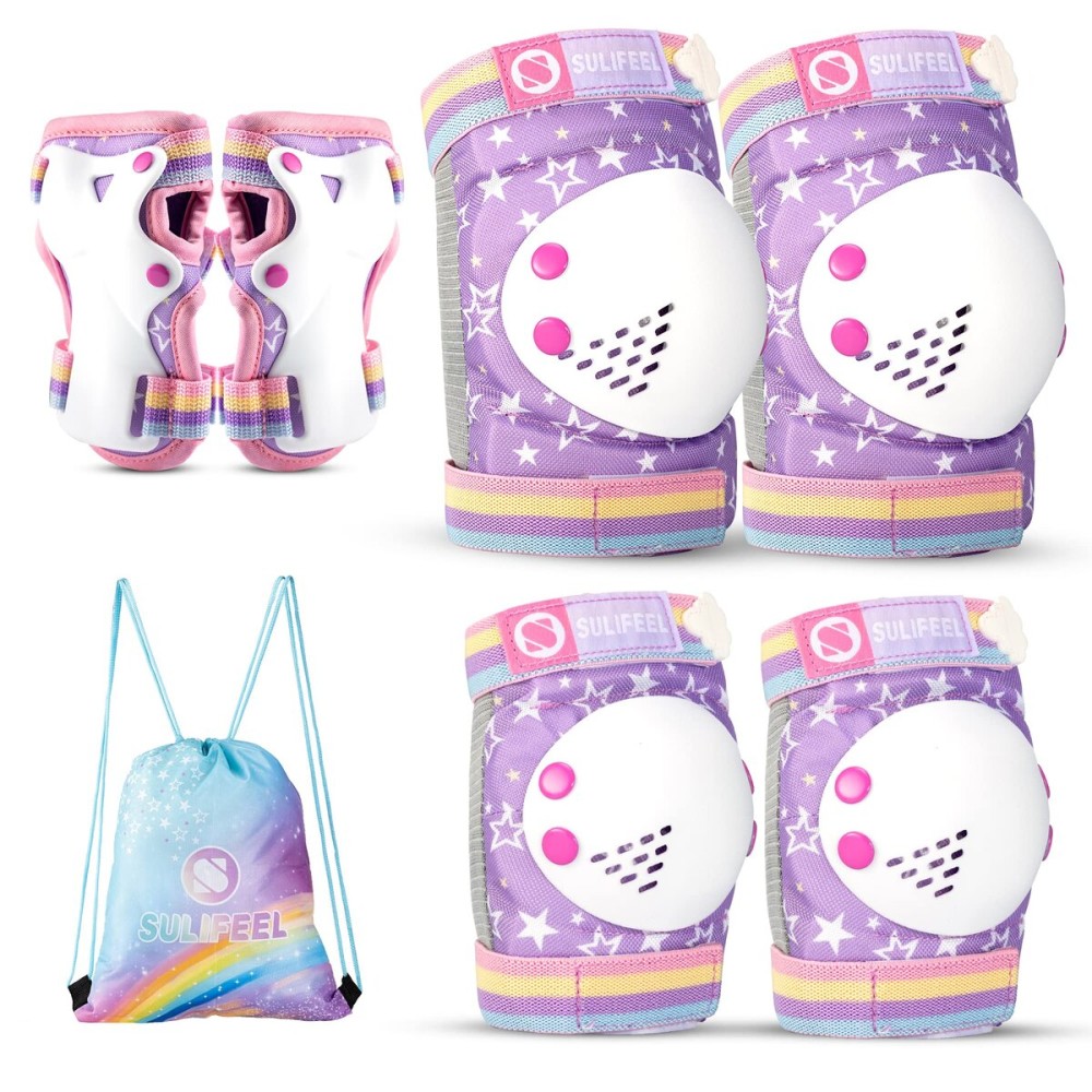 SULIFEEL Rainbow Unicorn Knee Pads for Kids Knee Elbow Pads Wrist Guards with Drawstring Bag Adjustable Protective Gear Set for Girls Roller Skating Bike Cycling Skateboard Scooter Purple Small
