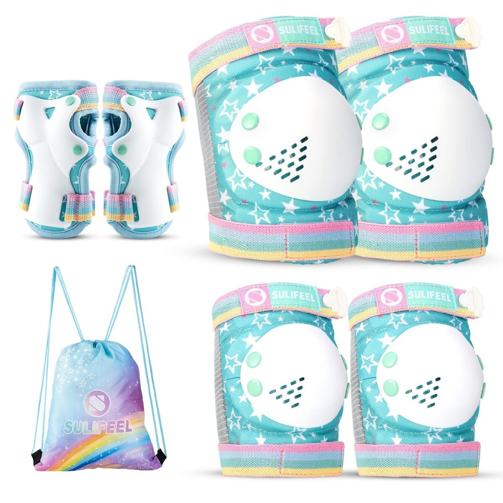 SULIFEEL Rainbow Unicorn Knee Pads for Kids Knee Elbow Pads Wrist Guards with Drawstring Bag Adjustable Protective Gear Set for Girls Boys Roller Skating Bike Cycling Skateboard Scooter Green Medium