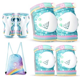 SULIFEEL Rainbow Unicorn Knee Pads for Kids Knee Elbow Pads Wrist Guards with Drawstring Bag Adjustable Protective Gear Set for Girls Boys Roller Skating Bike Cycling Skateboard Scooter Green Medium