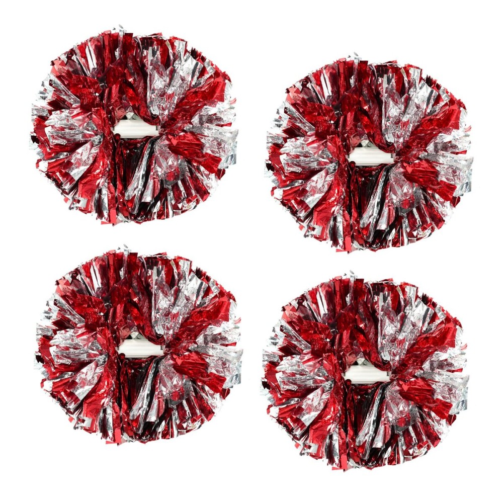 4Pcs Metallic Cheerleading Pom Poms, Creatiee 2 Pair Cheerleader Cheering Squad Pompoms for School Sports Dance Games Team Spirit Cheer (Red-Silver)