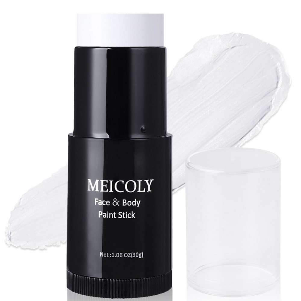 MEICOLY Clown White Face Body Paint Stick(1.06 Oz),Foundation Cream Makeup,Face Paint for Halloween Joker Zombie Vampire Skeleton Skull Special Effects Mime Makeup,White Eye Black Stick for Sports