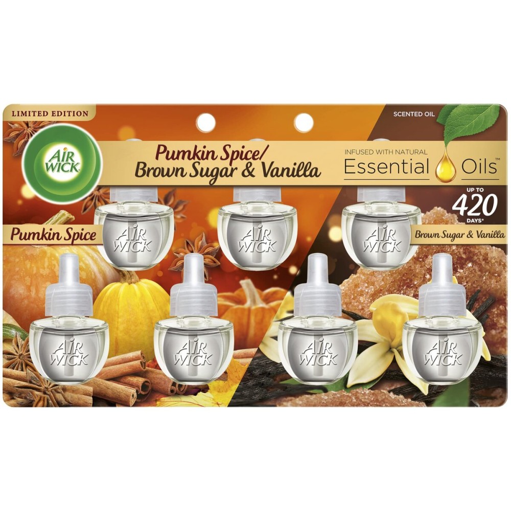 Air Wick Plug in Scented Oil Refill, 7ct, Pumpkin + Brown Sugar Mixed Pack, Fall Scent, Essential Oils, Air Freshener