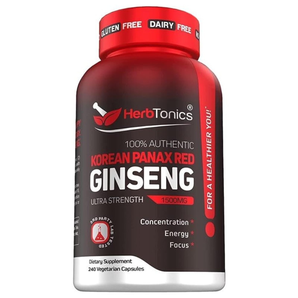 Herbtonics Korean Red Panax Ginseng 1500mg - Energy Supplement for Peak Performance, Focus & Vitality - High Potency Ginseng Root Extract - 240 Vegan Capsules