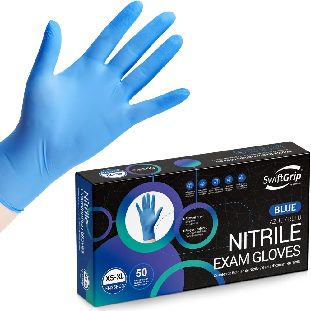 SwiftGrip Disposable Nitrile Exam Gloves, Blue, Nitrile Gloves Disposable Latex Free, Medical Gloves, Cleaning Gloves, Food-Safe Rubber Gloves, Powder Free, Non-Sterile, 50-ct Box (Large)