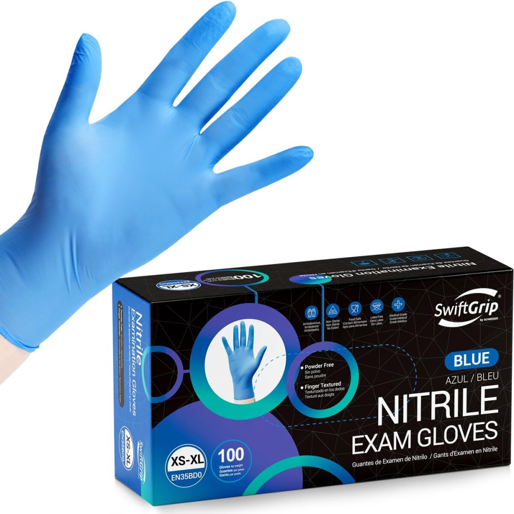 SwiftGrip Disposable Nitrile Exam Gloves, Blue, Nitrile Gloves Disposable Latex Free, Medical Gloves, Cleaning Gloves, Food-Safe Rubber Gloves, Powder Free, Non-Sterile, 100-ct Box (Large)