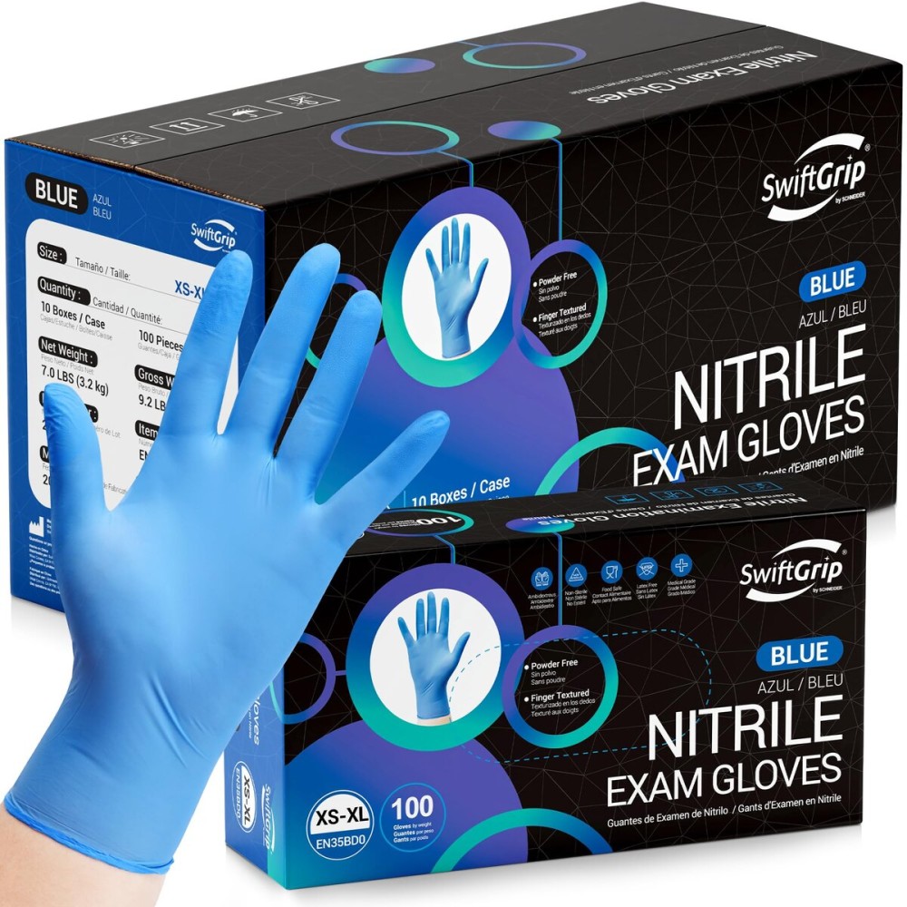 SwiftGrip Disposable Nitrile Exam Gloves, Blue, Nitrile Gloves Disposable Latex Free, Medical Gloves, Cleaning Gloves, Food-Safe Rubber Gloves, Powder Free, Non-Sterile, 1000-ct Case (Large)