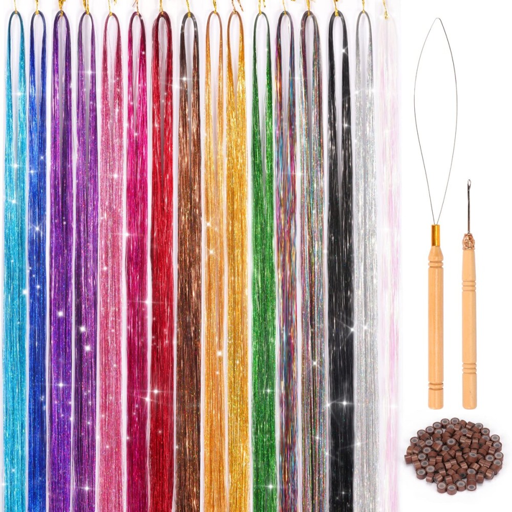 16 Colors Hair Tinsel Kit, ELASO 48 Inches 3300 Strands Tinsel Hair Extensions, Fairy for Christmas Halloween Cosplay Party, Highlights Sparkling Glitter Hair