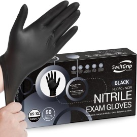 SwiftGrip Disposable Nitrile Exam Gloves, Black Nitrile Gloves Disposable Latex Free for Medical, Cooking & Esthetician, Food-Safe Rubber Gloves, Powder Free, Non-Sterile, 50-ct Box (Medium)