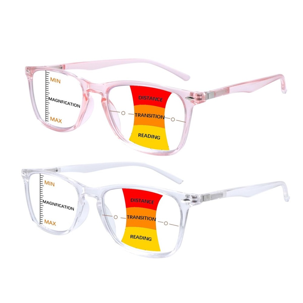 BONCAMOR 2 Pack Progressive Multifocus Reading Glasses Men and Women Computer Blue Light Blocking Anti Eyestrain Readers(Pink Clear, 1.0)