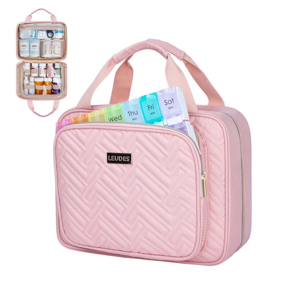 Leudes Travel Pill Bottle Organizer,Medicine Organizer and Storage,Home Medication Bag, Cases,Carrier for Pills,Vitamin,Fish Oil,Supplements for Women and Men (Medium, Pink)