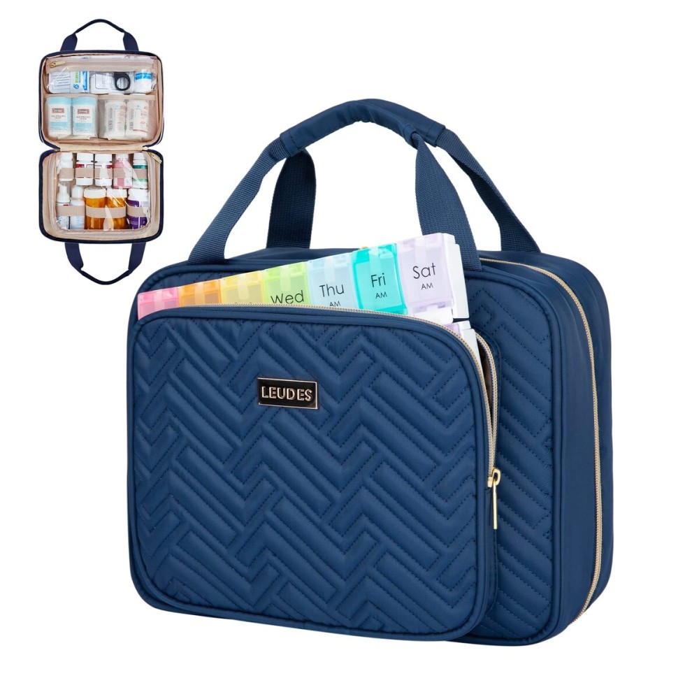 Leudes Travel Pill Bottle Organizer,Medicine Organizer and Storage,Home Medication Bag, Cases,Carrier for Pills,Vitamin,Fish Oil,Supplements for Women and Men (Medium, Blue)