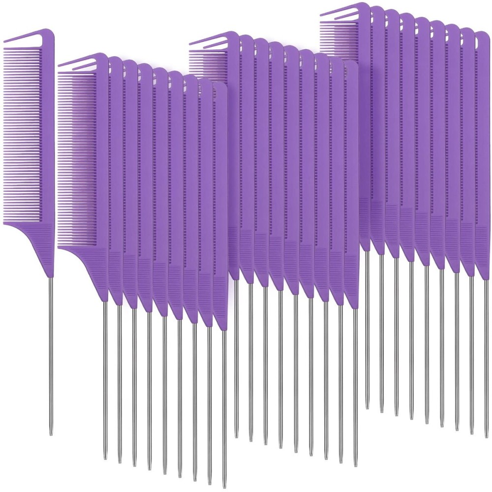 Patelai 30 Pieces Parting Comb for Braids Steel Hair Pin Rat Tail Carbon Fiber Heat Resistant Teasing Combs with Stainless Steel Pintail(Purple)