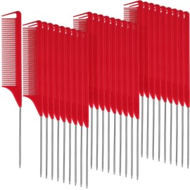Patelai 30 Pieces Parting Comb for Braids Steel Hair Pin Rat Tail Carbon Fiber Heat Resistant Teasing Combs with Stainless Steel Pintail(Red)