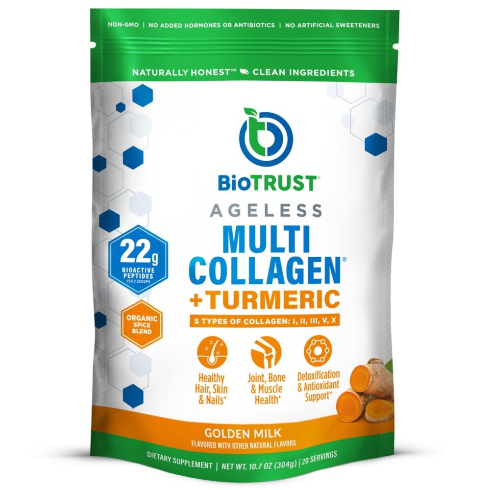 BioTrust Collagen Powder with Turmeric - 5 Types (I, II, III, V, X) - Turmeric Collagen Powder for Women & Men - Hydrolyzed Protein - Grass Fed Beef, Fish, Chicken, Eggshell Membrane (Golden Milk)