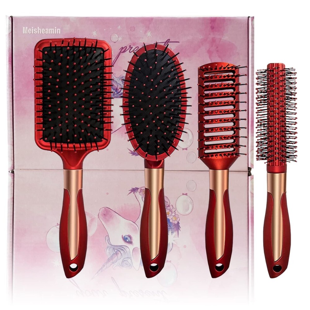 Meisheamin 4 Pcs Hair Brush Set, Includes Anti-Static Massage Oval Comb, Detangling Brush, Round Hair Brush, Vented Hair Brush, for Women, Men, and Kids
