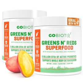 GOBIOTIX Greens Powder - Superfood with Greens and Reds - Probiotic Supplement - Digestive Enzymes and Beet Root Powder - Organic Whole Foods Dietary Supplement (Mango, 2 Pack)