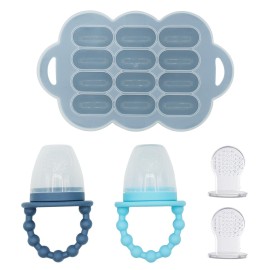 WeeSprout Baby Food Feeder Set - 2 Silicone Feeders & Reusable Freezer Tray with Lid - BPA-Free Fresh Fruit & Veggie Pacifier for Babies & Toddlers - Double as Teething Toys - Dishwasher Safe