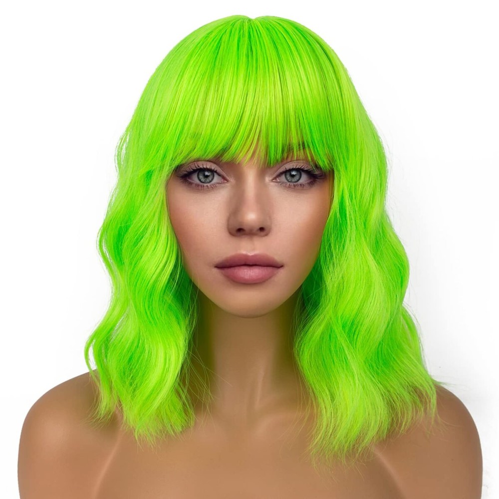 LANCAINI Short Bob Wigs with Bangs for Women Loose Wavy Wig Curly Wavy Shoulder Length Bob Synthetic Cosplay Wig for Girl Colorful Costume Wigs (Neon Green)