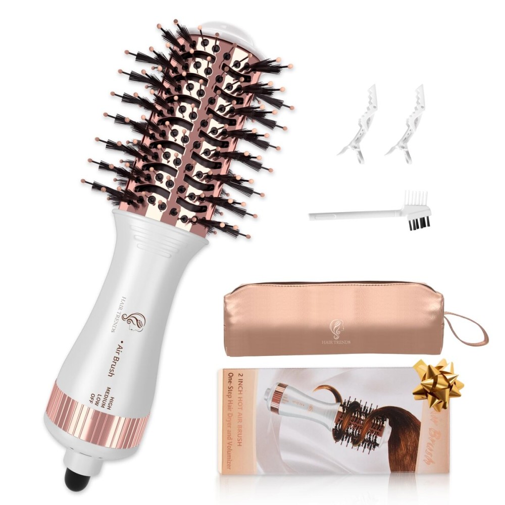 Hair Trends Travel Hair Dryer Brush, Nano Titanium 2 Inch One Step Hair Dryer & Styler Volumizer, Mini Oval Hot Air Brush, White and Rose Gold, HB004