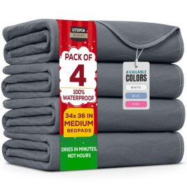 Utopia Bedding Washable Underpads 34 x 36 (Pack of 4), Waterproof Reusable Heavy Absorbency Incontinence Bed Pads for Adults, Kids, Elderly and Pets, Bedwetting Pads for Sofa and Couch (Grey)