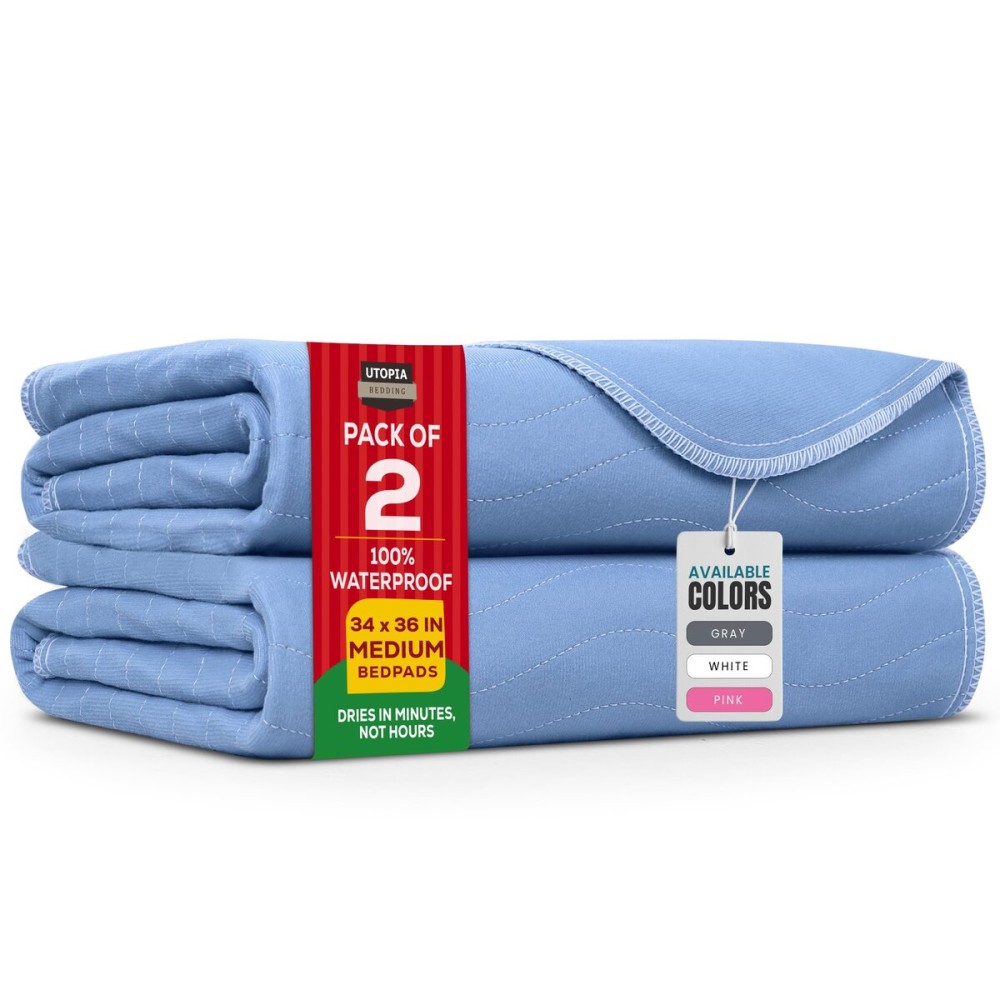 Utopia Bedding Washable Underpads 34 x 36 (Pack of 2), Waterproof Reusable Heavy Absorbency Incontinence Bed Pads for Adults, Kids, Elderly and Pets, Bedwetting Pads for Sofa and Couch (Blue)