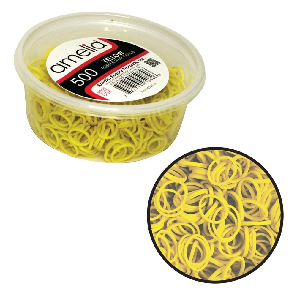 Amelia Beauty | 500 Count 1/2 Rubber Bands | Premium US Made Rubber Hair Ties | Ideal for Ponytails, Braids & Beards | Strong All Day Hold | Convenient Re-closable Container | Yellow