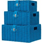 Homepeaz Set of 3 Woven Wicker Storage Basket Box with Lid & Lock, Built-in Carry Handles, Multifunctional Storage Organiser for Nursery, Baby, Clothes, Toys, Books, Large/Medium/Small Size (Sky Blue)