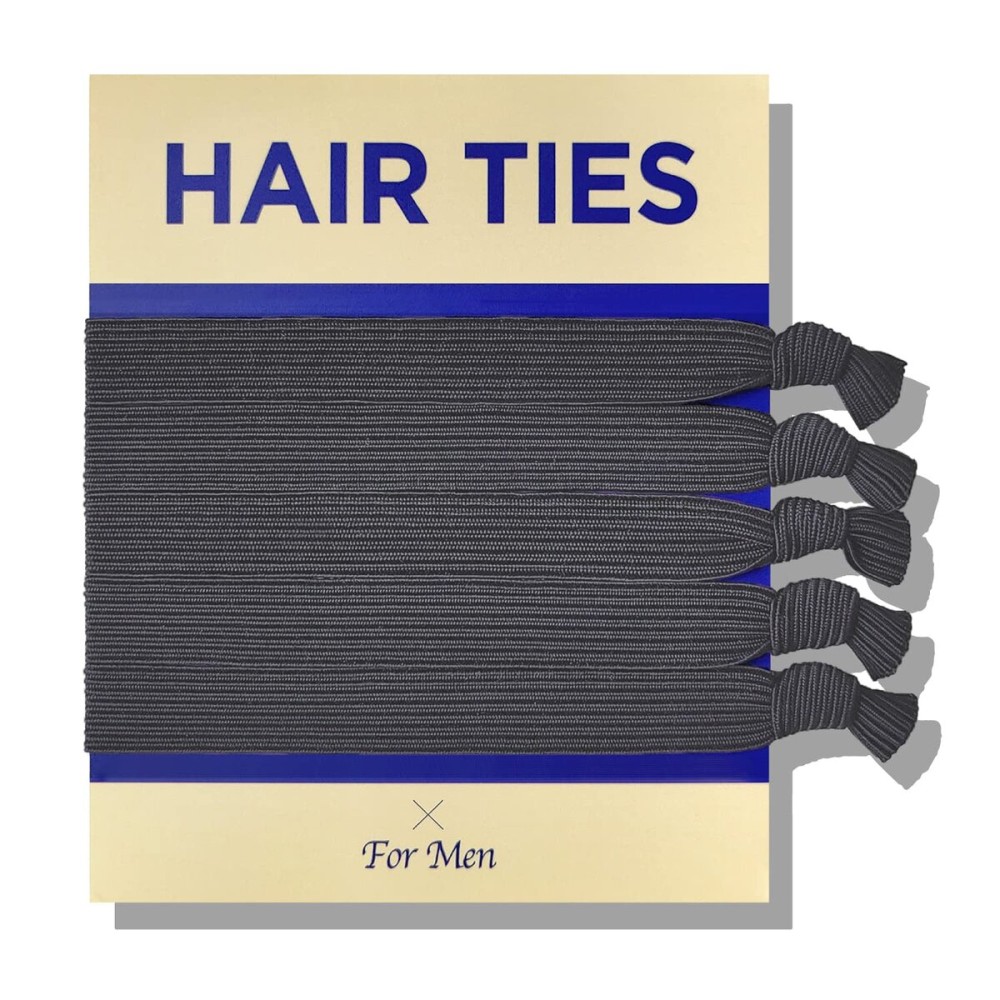 HAVHAF Knotted Mens Hair Ties - Charcoal, 5 Count. Wide(5 pcs), No damage Crease Breakage Man Bun Hair Tie Men with Long Hair, For Buns Curly Thick Elastic Hair Ties For Guys, Perfect hairtie For Men