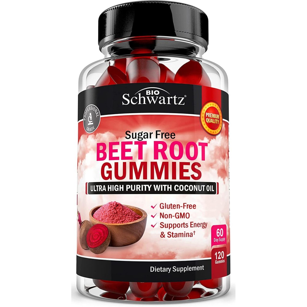 Sugar Free Beet Root Gummies - Nitric Oxide Gummies Infused with Coconut Oil for Highest Absorption - Supports Energy & Whole Body Health - Delicious Strawberry Flavor - 120 Count (60 Day Supply)