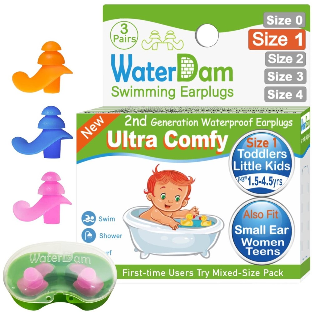 WaterDam Swimming Ear Plugs Great Waterproof Ultra Comfy Earplugs Prevent Swimmer\'s Ear (Size 1+1+1: Toddlers & ExtraSmall Ear Teens&Women (Orange Blue Pink))
