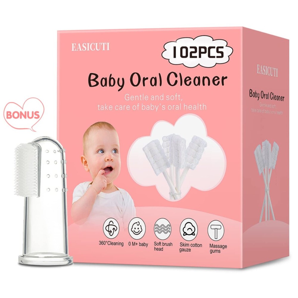 102PCS Baby Tongue Cleaner, Newborn Baby Oral Cleaner, Disposable Infant Gum Cleaner, Gauze Dental Care for 0-36 Months + 1 Finger Toothbrush with Case