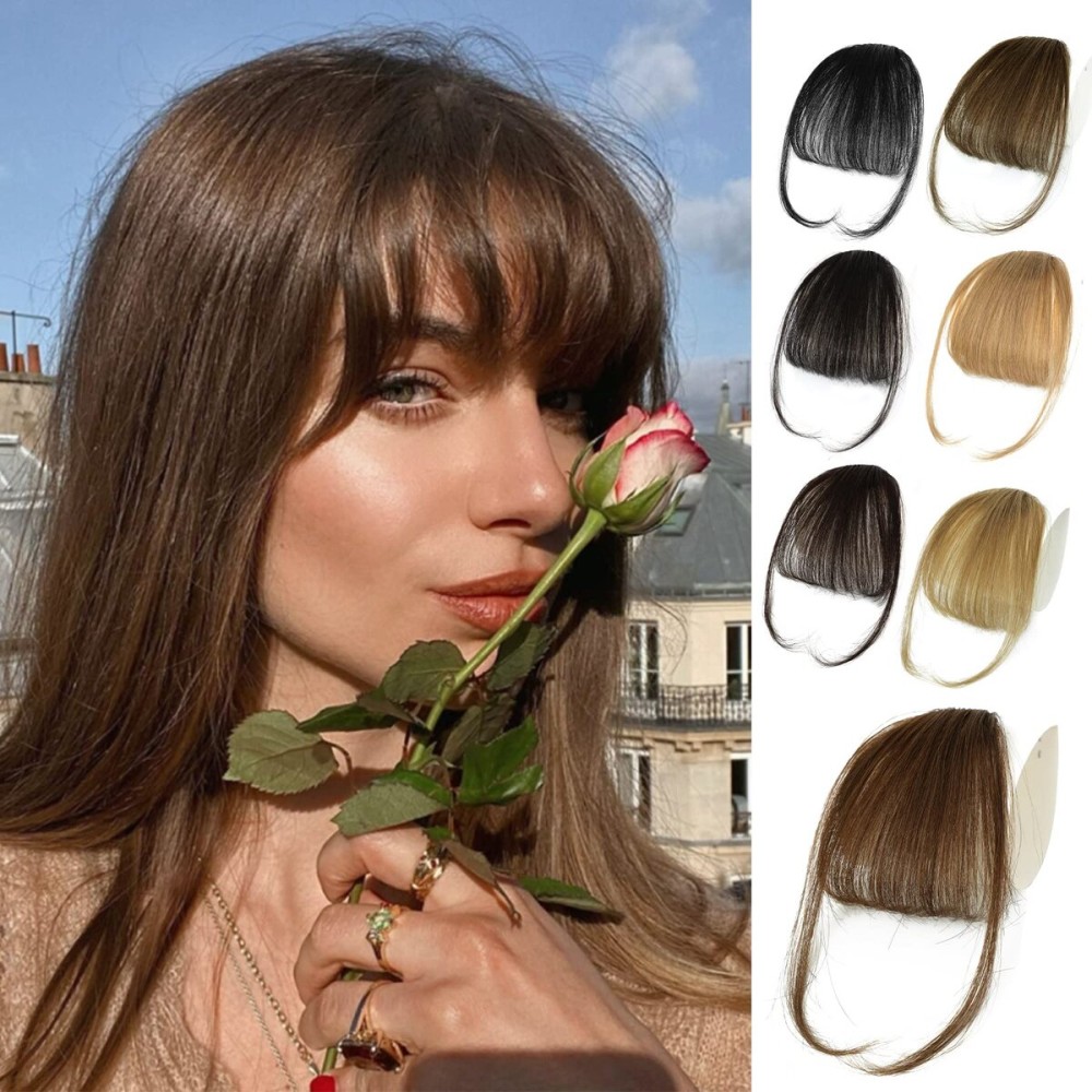 NAYOO Bangs Hair Clip -Medium Brown Fake Bangs 100% Real Human Hair Extensions Wispy Bangs for Women Fringe with Temples Hairpieces Curved Bangs for Daily Wear