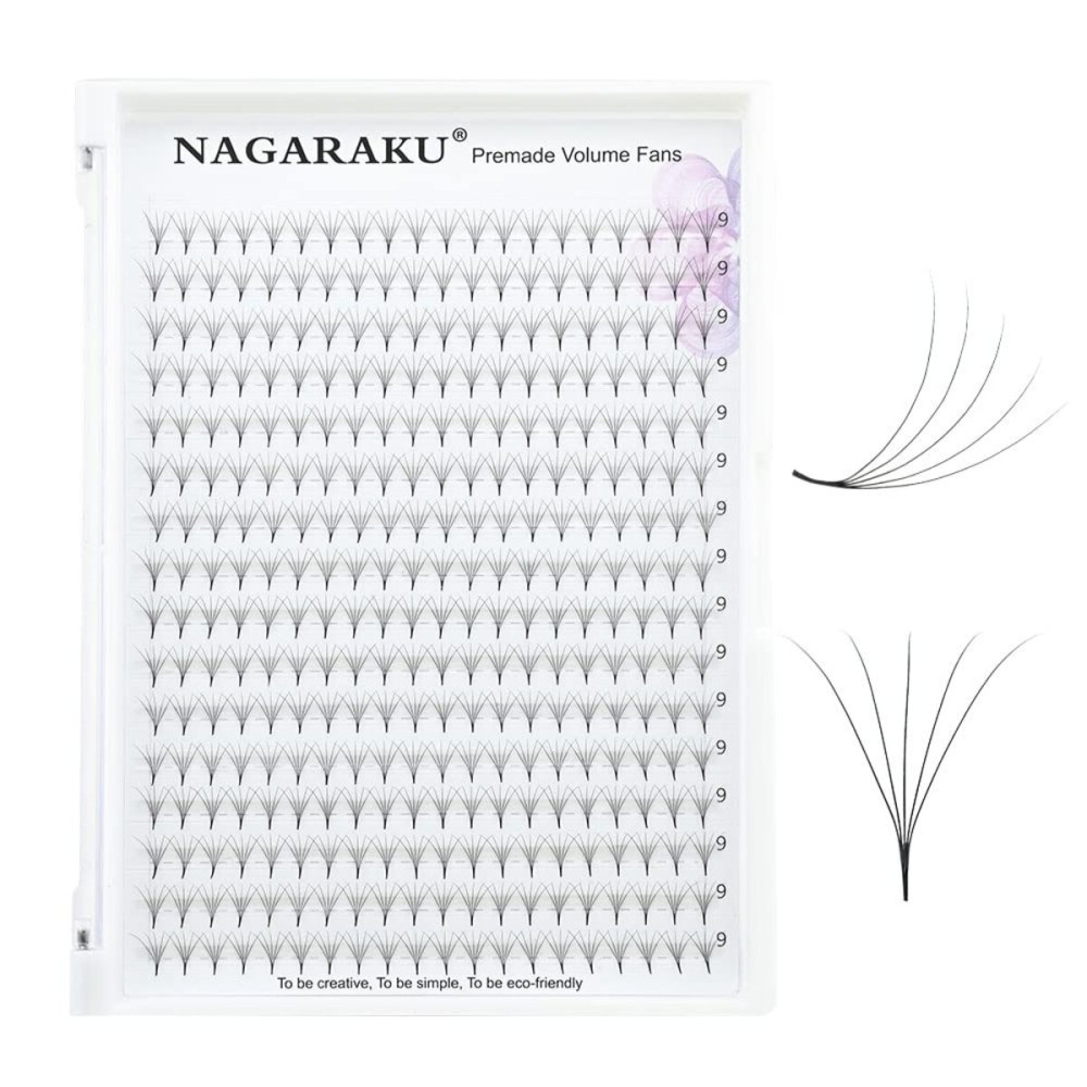 NAGARAKU Premade Fans Eyelash Extensions 320 Fans 5D Volume 0.07mm D curl 9mm Sharp Narrow Stem Clusters Thin Pointy Base Russian Pre Fanned Fluffy Matte Black