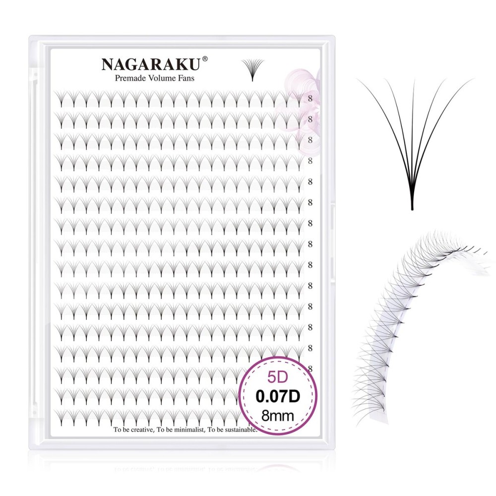 NAGARAKU Premade Fans Eyelash Extensions 320 Fans 5D Volume 0.07mm D curl 8mm Sharp Narrow Stem Clusters Thin Pointy Base Russian Pre Fanned Fluffy Matte Black