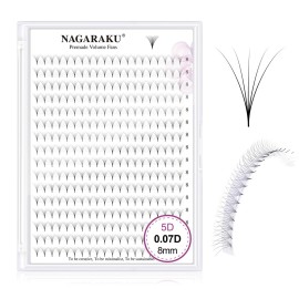 NAGARAKU Premade Fans Eyelash Extensions 320 Fans 5D Volume 0.07mm D curl 8mm Sharp Narrow Stem Clusters Thin Pointy Base Russian Pre Fanned Fluffy Matte Black