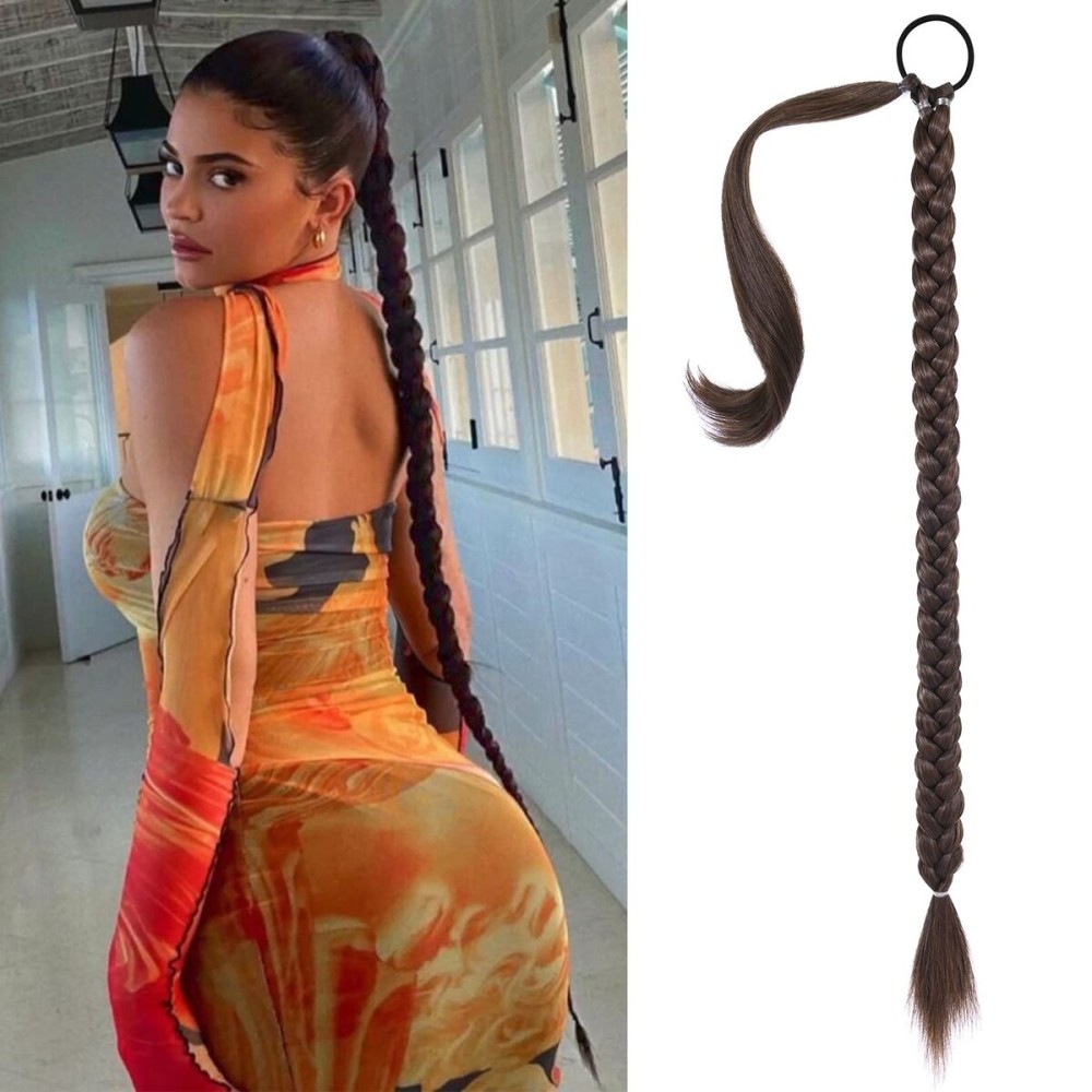 SEIKEA Long DIY Braided Ponytail Extension with Hair Tie Straight Wrap Around Hair Extensions Ponytail Natural Soft Hair Piece Dark Brown with Copper Highlights 38 Inch (After Braided 34 Inch)