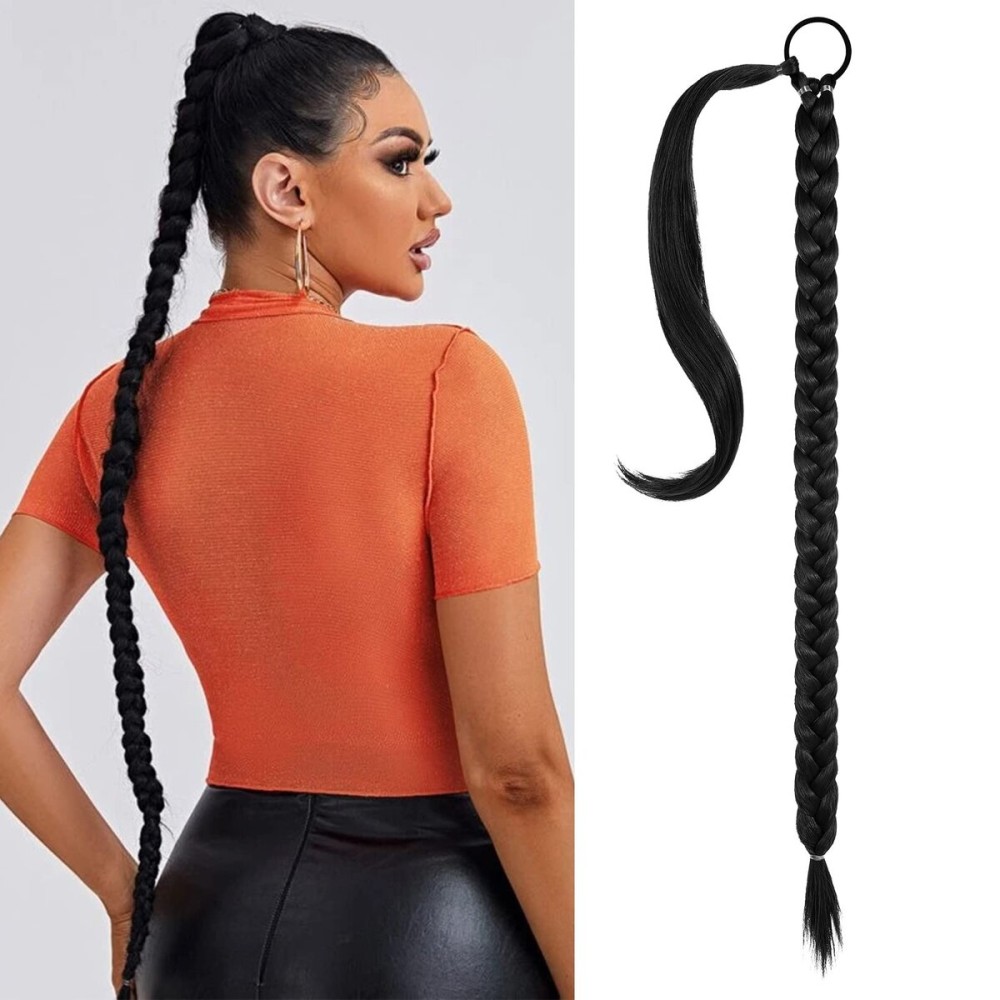 SEIKEA Long DIY Braided Ponytail Extension with Hair Tie Straight Wrap Around Hair Extensions Ponytail Natural Soft Synthetic Hair Piece Daily Wear Black 38 Inch (After Braided 34 Inch