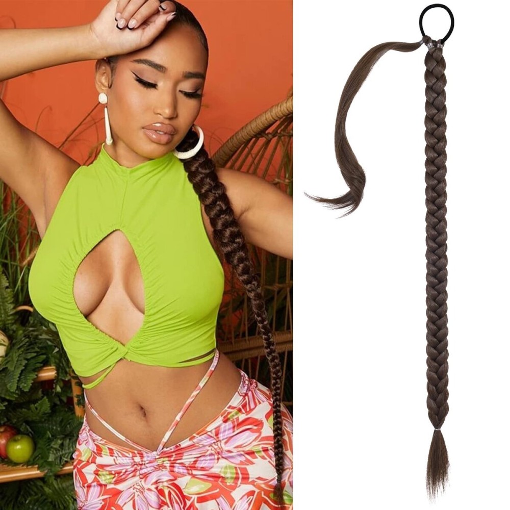 SEIKEA Long DIY Braided Ponytail Extension with Hair Tie Straight Wrap Around Hair Extensions Ponytail Natural Soft Synthetic Hair Piece Daily Wear Dark Chocolate Brown 38 Inch (After Braided 34 Inch)
