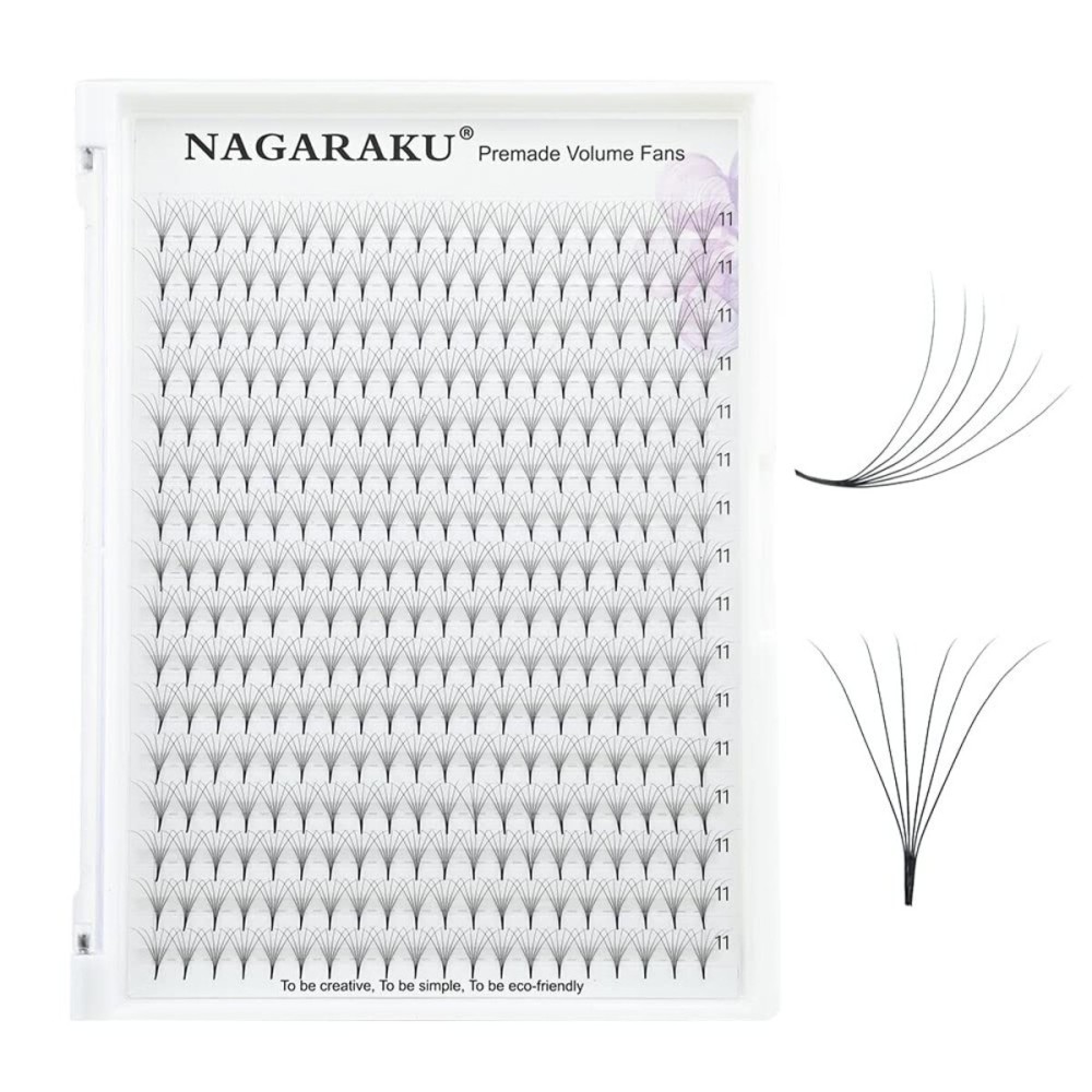 NAGARAKU Premade Fans Eyelash Extensions 320 Fans 6D Volume 0.07mm D curl 11mm Sharp Narrow Stem Clusters Thin Pointy Base Russian Pre Fanned Fluffy Matte Black
