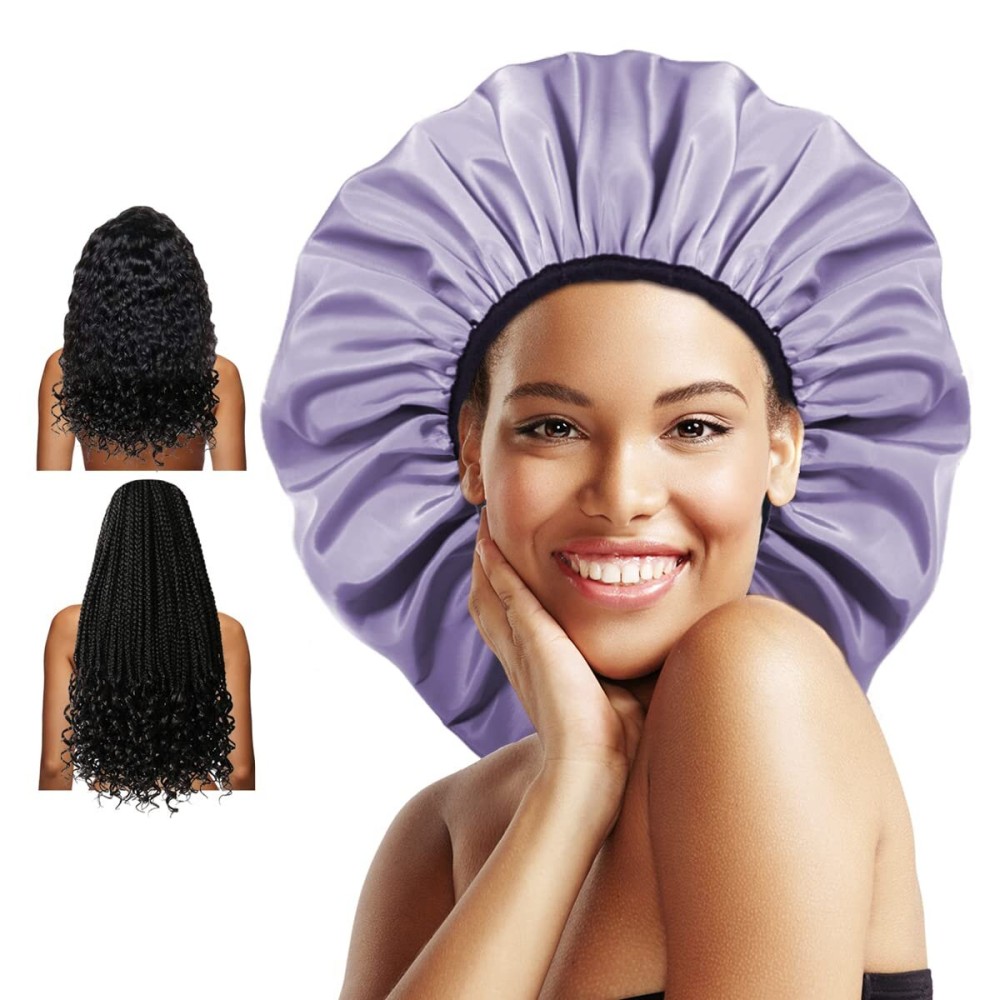 Auban Extra Large Shower Cap, Double-Layer Waterproof Reusable Satin Lining Shower Bonnet for Women Long Hair, Braids, Locs, perms (Purple)