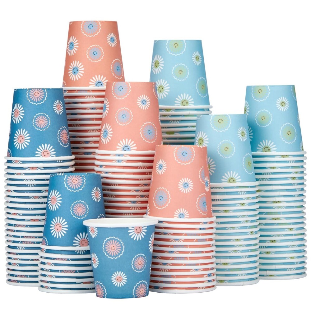 SIUQ 300 Pack 3 oz Paper Cups, Disposable Bathroom Cups, Small Mouthwash Cup, Hot/Cold Beverage Drinking Cups, Mini Paper Cups for Bathroom, Birthday Party, Travel, Events, Picnic, BBQ (Daisy)