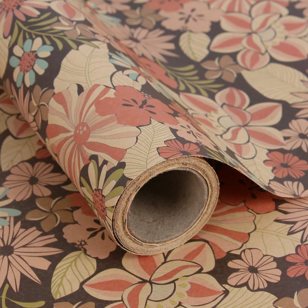 Aimyoo Kraft Floral Wrapping Paper Roll, All Occasion Vintage Flower Gift Wrap for Wedding Birthday Bridal Shower, 17 inch x 10 ft