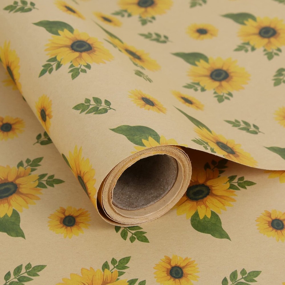 Aimyoo Sunflower Kraft Wrapping Paper Roll, All Occasion Floral Gift Wrap Paper for Wedding Bridal Shower Fall, 17 in x 10 ft