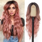 NAYOO Long Ombre Pink Wavy Wig for Women 26 Inch Middle Part Curly Wavy Wig Natural Looking Synthetic Heat Resistant Fiber for Daily Party Use (Ombre Pink)