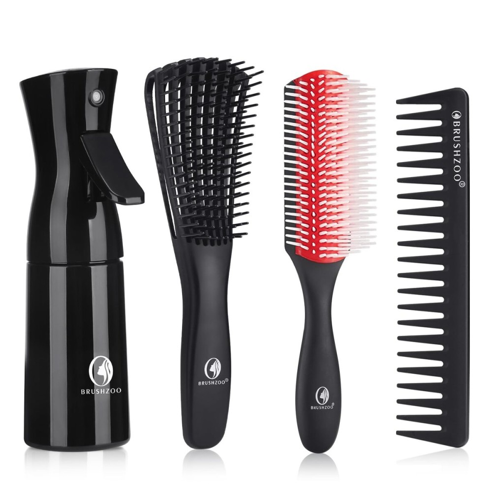 BRUSHZOO Hair Brush Set for Women, Men, and Kids - Detangling Brushes for Curly and Natural 3/4abc Hair, Wide Tooth Comb, Detangler Brush, and Hair Spray Bottle