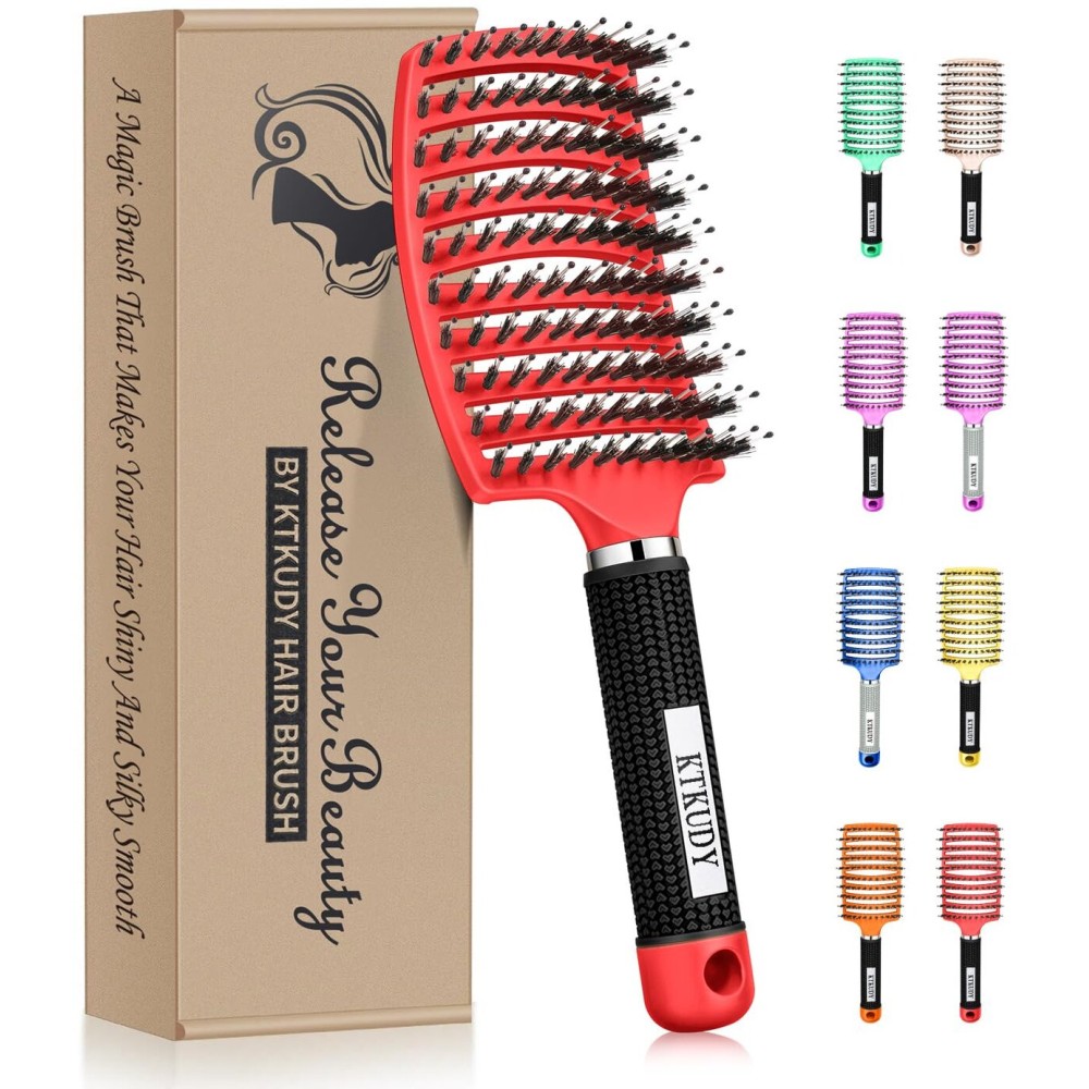 KTKUDY Detangling Brush Boar Bristles Hair Brush Make Hair Shiny & Healthier Curved and Vented Detangler Brush for Women Men Kids Wet and Dry Hair (Red)