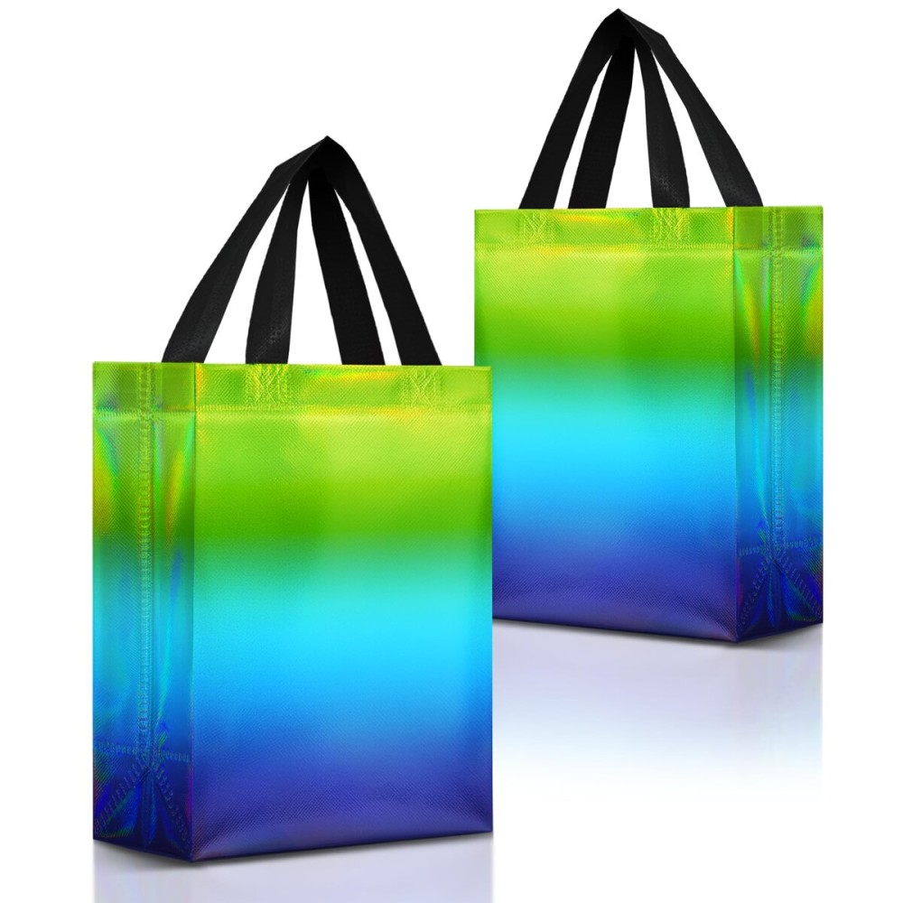 Nush Nush Holographic Gradient Gift Bags Medium Size - Set of 12 Reusable Green & Blue Gift Bags with Handles - Ideal Party Favor Bag for Kids birthday, Christmas, Thanksgiving, Return Gifts - 8x4x10