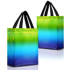 Nush Nush Holographic Gradient Gift Bags Medium Size - Set of 12 Reusable Green & Blue Gift Bags with Handles - Ideal Party Favor Bag for Kids birthday, Christmas, Thanksgiving, Return Gifts - 8x4x10
