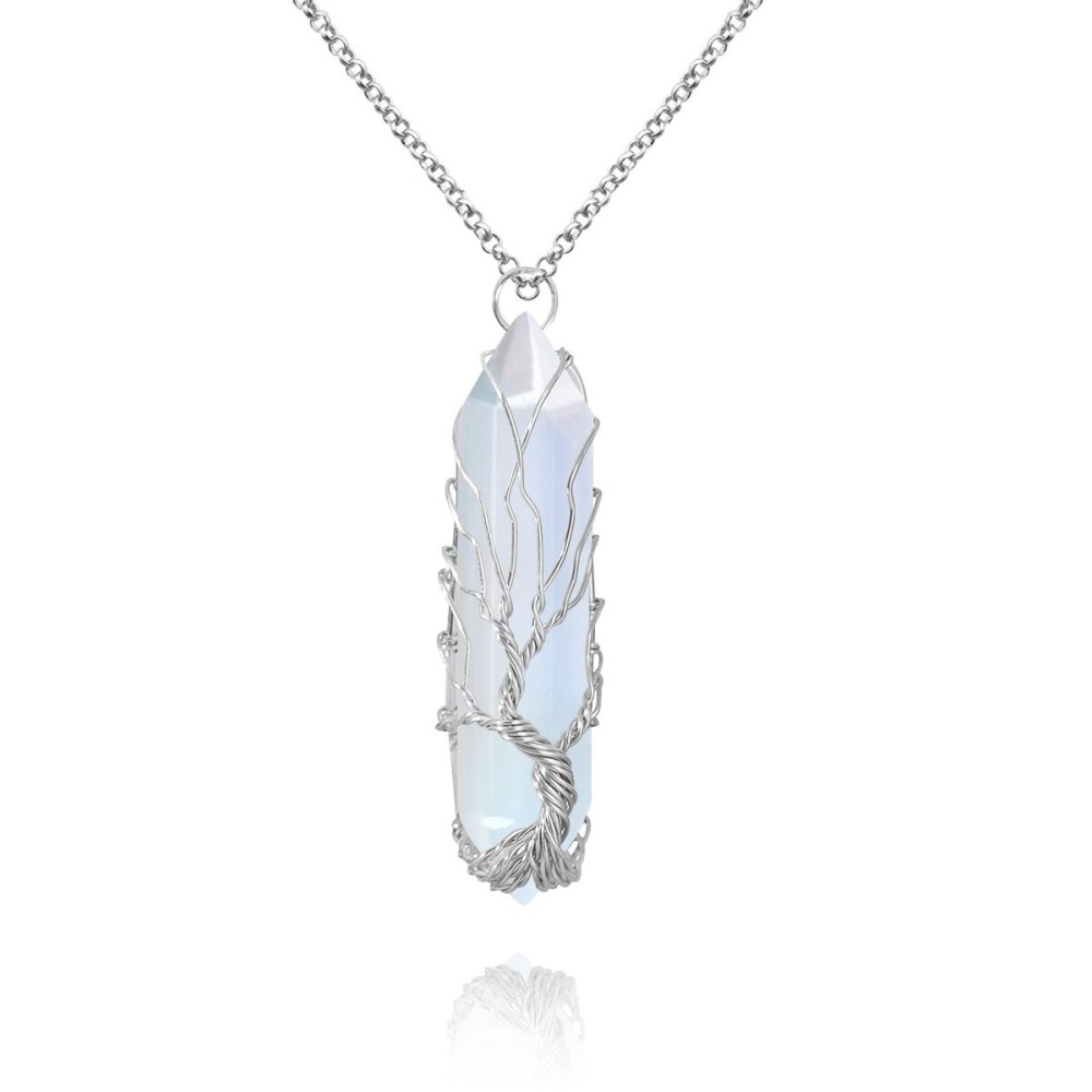 VIBILIA Healing Crystal Necklace Tree of Life Wire Wrapped Opal Stone Point Pendant Necklace Hexagonal Reiki Spiritual Quartz Gemstone Jewelry for Women Men - Silver