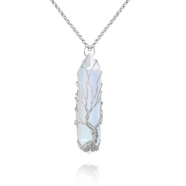 VIBILIA Healing Crystal Necklace Tree of Life Wire Wrapped Opal Stone Point Pendant Necklace Hexagonal Reiki Spiritual Quartz Gemstone Jewelry for Women Men - Silver